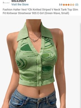 Green Collared Button-Front Knit Crop Top